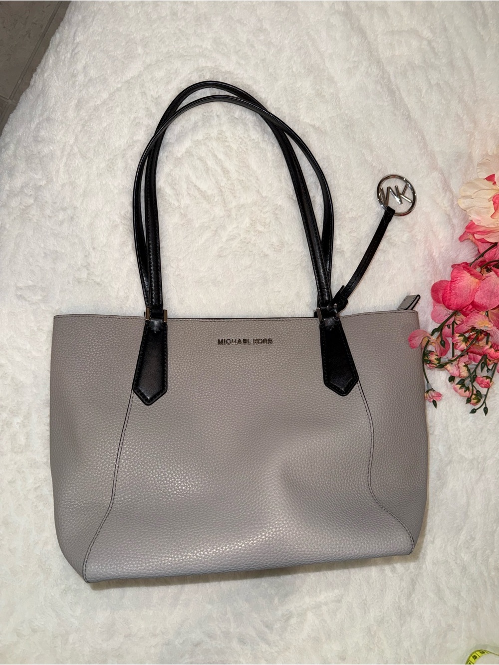 Michael Kors Gray Tote with Black Handles and Logo Charm